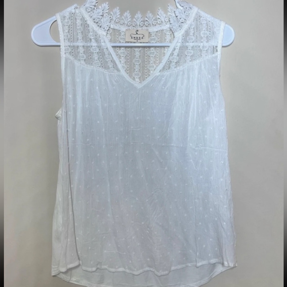 White Lace Sleeveless Blouse with V-Neckline